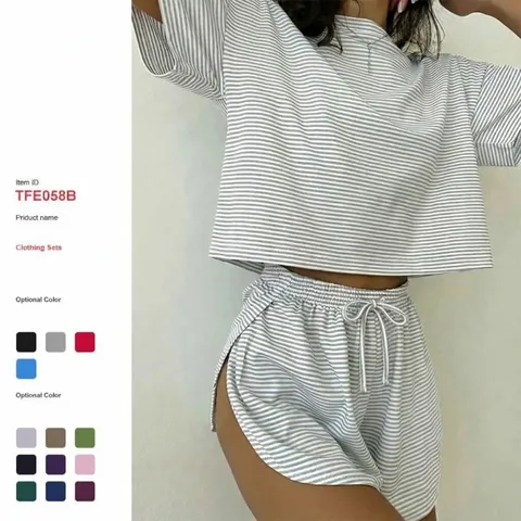 Women Casual Striped Short Sleeve Top And Bottom Loose Soft Sleepwear Loungewear Polyester Pullover Outfit