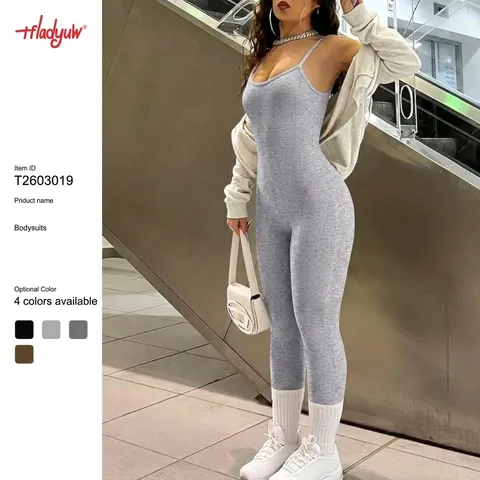 Women's Casual Solid Color Ribbed Knit Sleeveless Jumpsuit Slim Fit High Stretch Fitness Workout Yoga One-Piece Romper