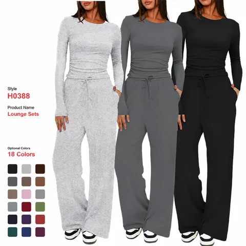 Women's Casual Solid Color Long Sleeve Top And High Waisted Wide Leg Pants Sportswear Set