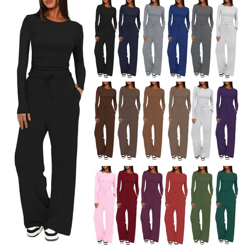 Women's Casual Solid Color Long Sleeve Top And High Waisted Wide Leg Pants Sportswear Set