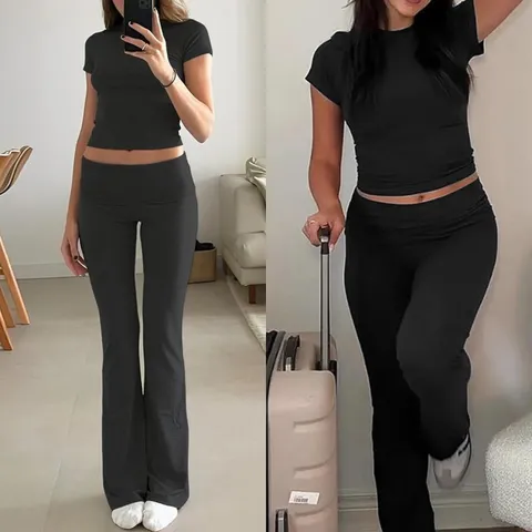 Women Casual Solid Color Crew Neck Short Sleeve Top And Low Rise Flare Pants Sports Activewear Set