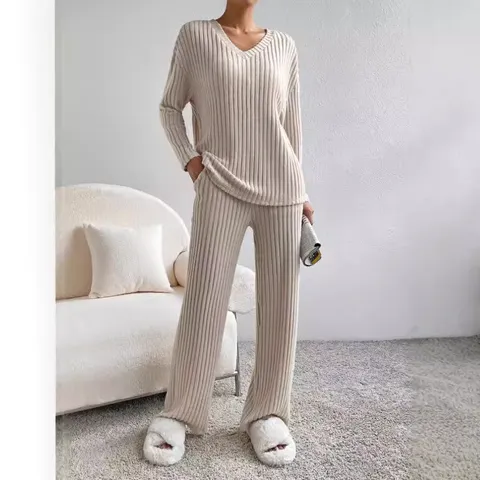 Γυναικείο Casual Ribbed Πλεκτό Σετ Δύο Κομματιών Μακρυμάνικο Top V-Laimokopsi και Ίσιο Παντελόνι Μονόχρωμο Φαρδύ Loungewear