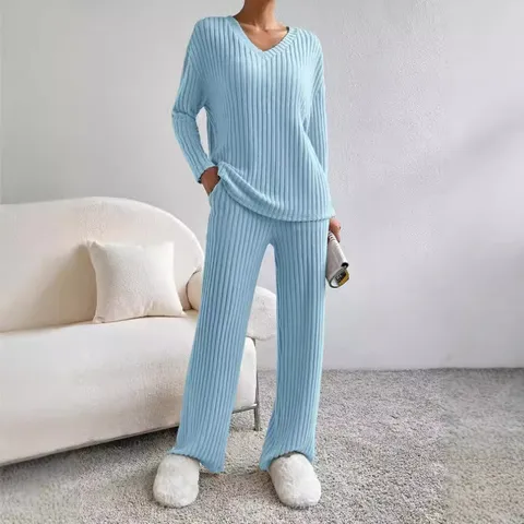 Γυναικείο Casual Ribbed Πλεκτό Σετ Δύο Κομματιών Μακρυμάνικο Top V-Laimokopsi και Ίσιο Παντελόνι Μονόχρωμο Φαρδύ Loungewear