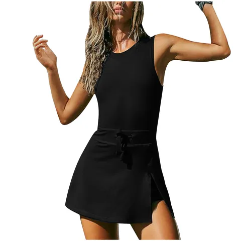 Women's Activewear Tennis Dress Romper Sleeveless Workout Gym Athletic Jumpsuit Built-In Shorts With Drawstring