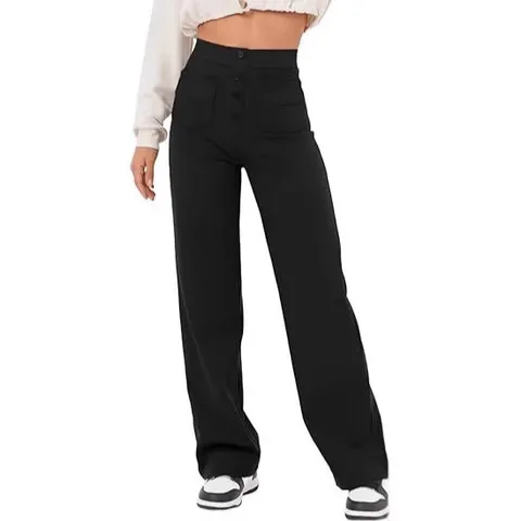 Women's Casual High Waist Straight Leg Pants Solid Color Multi-Pocket Button Fly Denim Trousers Fashion Commuter Bottoms