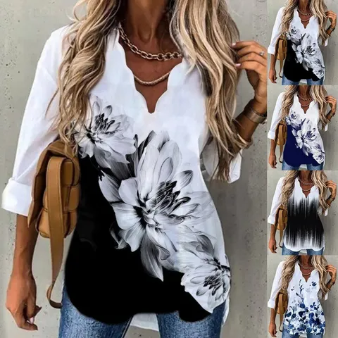 Damen Lässige Langarm Bluse Bogen V-Ausschnitt Blumenmuster Pullover Top Mode Elegantes Pendler Hemd