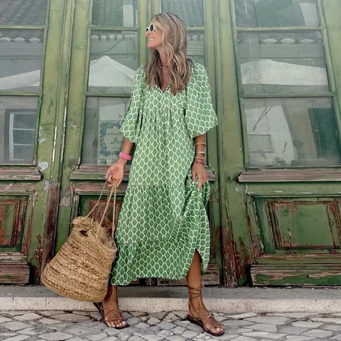 Robe Maxi Femme Manches Longues Col V Manches Bouffantes Patchwork Géométrique Casual Ample Grande Taille Élégante