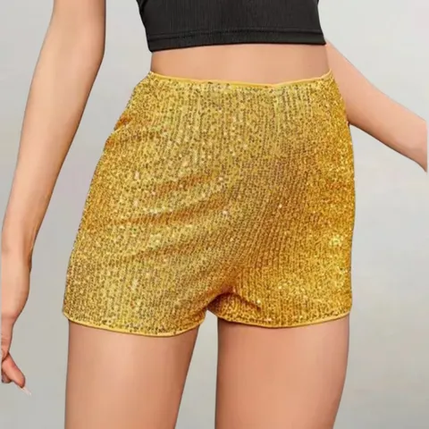 Damen Mittlere Taille Slim Fit Gerade Pailletten Hotpants Glitzernde Party Clubwear Mode Pailletten Kurze Hose