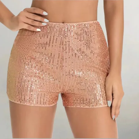 Damen Mittlere Taille Slim Fit Gerade Pailletten Hotpants Glitzernde Party Clubwear Mode Pailletten Kurze Hose