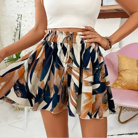 Women's Summer Casual High Waist Drawstring Printed Wide Leg Shorts Fashion Elegant Vacation Beach Culottes