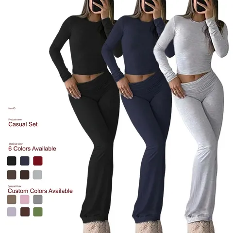 Women's Casual Long Sleeve Top And Low Waist Flare Pants Two Piece Set Solid Color Knitted Tracksuit Sportswear Outfit