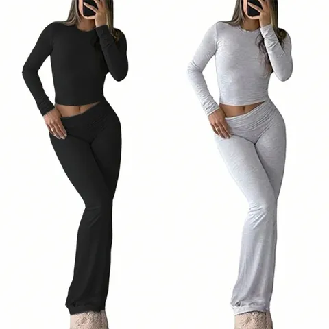 Women's Casual Long Sleeve Top And Low Waist Flare Pants Two Piece Set Solid Color Knitted Tracksuit Sportswear Outfit