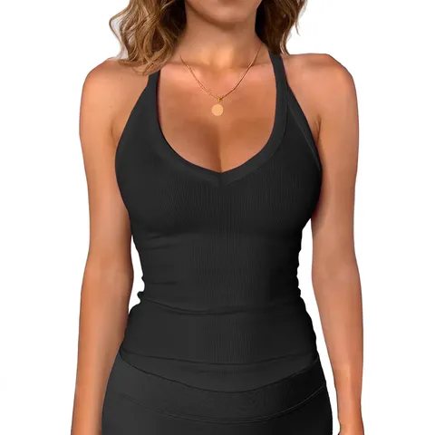 Women's Y2K Sexy Halter Neck Ribbed Knit Tank Top Slim Fit Solid Color Summer Casual Sleeveless Basic Crop Top