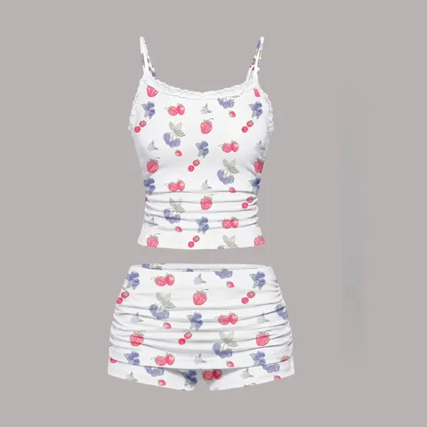 Womens Sexy Fruit Floral Print Camisole And Shorts Set Lace Trim Cami Crop Top And Bottom Summer Outfits