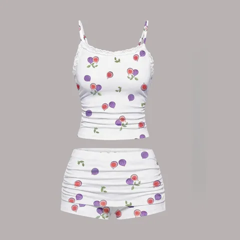 Womens Sexy Fruit Floral Print Camisole And Shorts Set Lace Trim Cami Crop Top And Bottom Summer Outfits