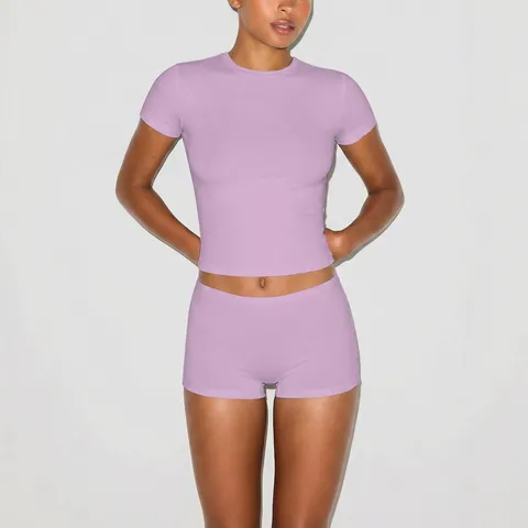 Women Casual Sports Fitness Short Sleeve T Shirt And Shorts Set Slim Fit Stretch Pullover Top And Bottom