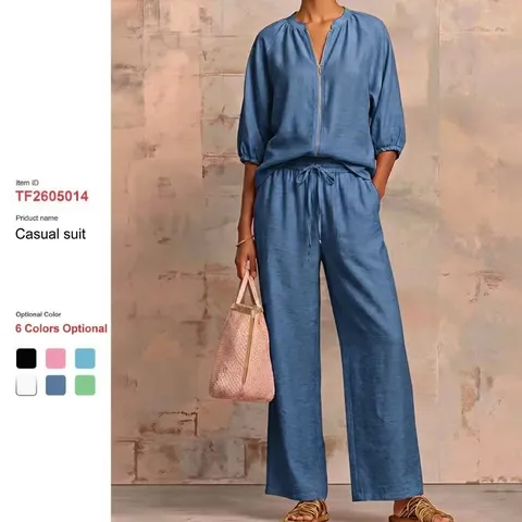Women Summer Casual Loose Solid Color Zipper Crew Neck Top And Bottom Wide Leg Pants Chic Daily Outfit