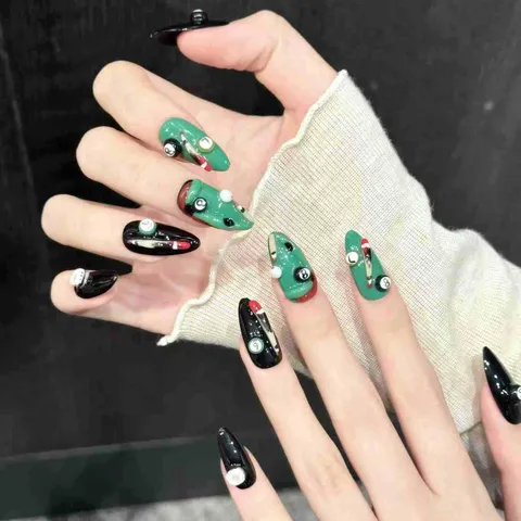 Handgefertigte Press On Nails Black 8 Billard Thema Schwarz Grün Kontrastfarbe Mittlere Mandelform Künstliche Nägel Für Damen Streetstyle 3D Dekor Nagelkunst