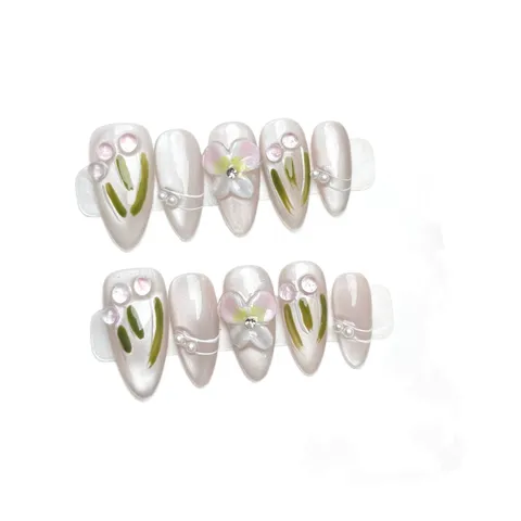 Handgefertigte Nude Ice Transparente Nagelclips 3D Floral Künstliche Perle Strass Tulpe Handbemalte Mittlere Mandel Falsche Nägel