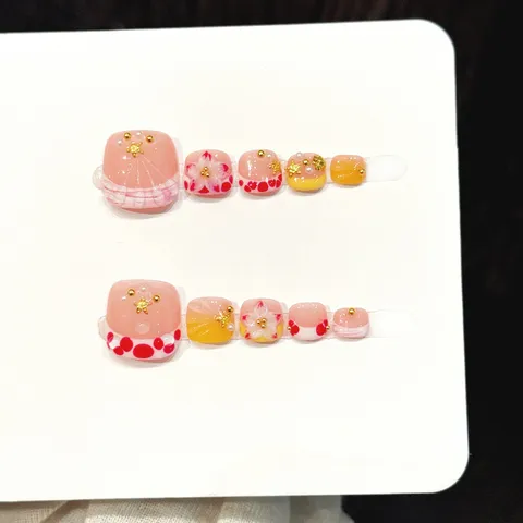 Handmade Press On Toenails With Rhinestone Flower Decoration Nude Pink Orange Yellow False Toe Nails For Women Everyday Art