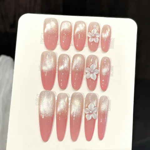 Handgemacht Rosa Katzenauge Aufpressnagel Mit Dreidimensionaler Weißer Blume Künstliche Perle Süß Elegant Lang Künstliche Falsche Nägel Spitze Für Damen Täglich