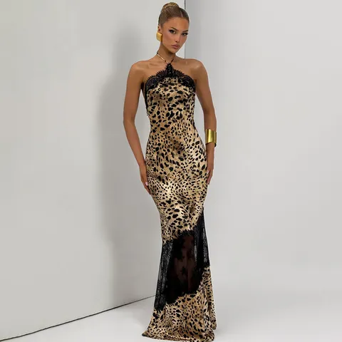 Sexy Halter Backless Leopard Print Lace Splicing Bodycon Polyester Spandex Maxi Dress Sheer Patchwork Evening Gown Long Dress