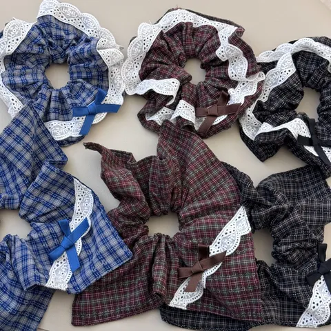 Academic Style Checkered Lace Trim Scrunchie Bow Hair Tie Women Plaid Fabric Elastic Hair Band Square Scarf Accessory
