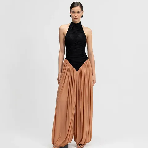Women Halter Neck Splicing Jumpsuit Ruched Backless Long Pants Western Sexy Sleeveless High Waist Polyester Romper For Lady Daily Party Vacation
