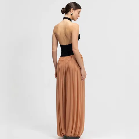 Women Halter Neck Splicing Jumpsuit Ruched Backless Long Pants Western Sexy Sleeveless High Waist Polyester Romper For Lady Daily Party Vacation