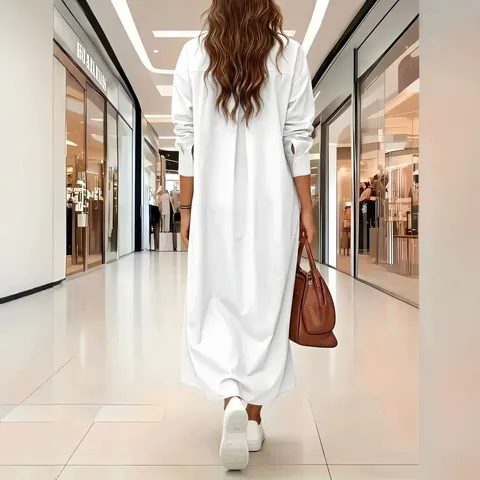 Plus Size Vrouwen Casual Effen Kleur Lange Overhemdjurk met Omgeslagen Kraag Enkelknoops Onregelmatige Zoom Mode Dagelijkse Kleding