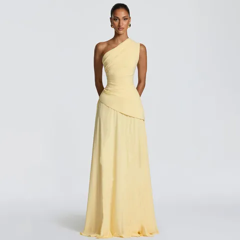 Women Sexy One Shoulder Pleated Chiffon Maxi Dress Backless Solid Color High Waist A-line Long Dress For Summer Party Evening