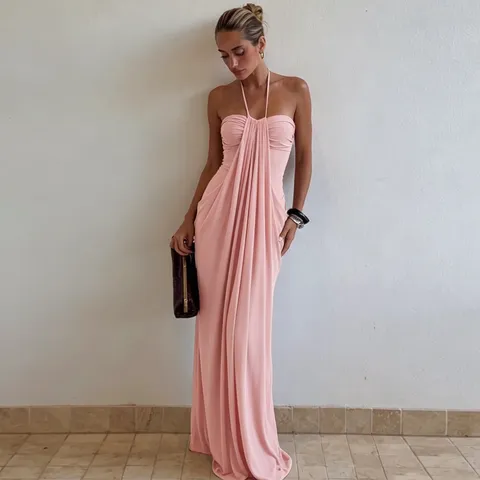 Vrouwen Halsternek Open Rug Maxi Jurk Geplooid Sexy Effen Kleur Strikband Nauwsluitende Vakantie Jurk Party Clubwear Lange Jurk