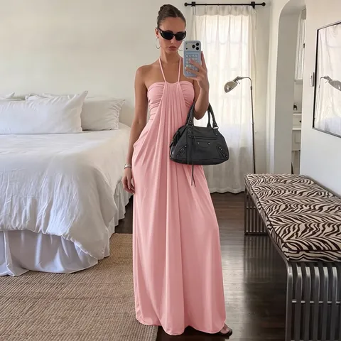 Vrouwen Halsternek Open Rug Maxi Jurk Geplooid Sexy Effen Kleur Strikband Nauwsluitende Vakantie Jurk Party Clubwear Lange Jurk
