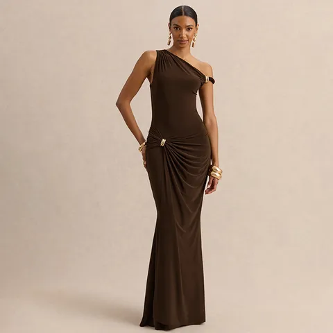 Sexy One Shoulder Irregular Ruched Maxi Dress For Women With Metal Buckle Polyester Spandex Celebrity Bodycon Party Dress