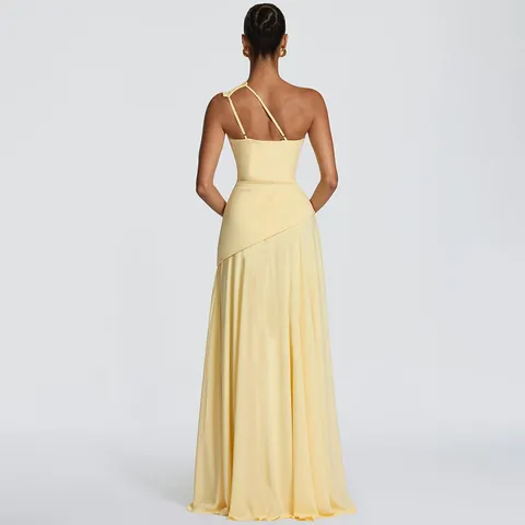 Women Sexy One Shoulder Pleated Chiffon Maxi Dress Backless Solid Color High Waist A-line Long Dress For Summer Party Evening