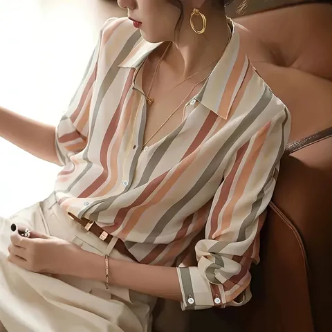 Chemise Casual Grande Taille Rayée Manches Longues Boutonnée Femme Rétro Revers Couleur Contrastée Élégant Blouse