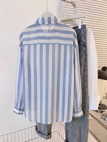 Camisa de Gasa Casual Retro con Rayas de Manga Larga para Mujer Tops de Playa de Vacaciones Sueltos Blusa Tejida de Protección Solar