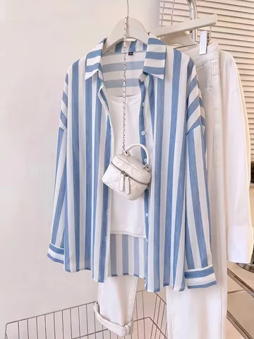 Camisa de Gasa Casual Retro con Rayas de Manga Larga para Mujer Tops de Playa de Vacaciones Sueltos Blusa Tejida de Protección Solar