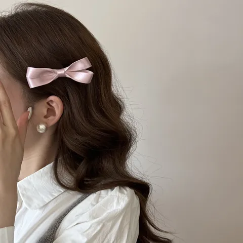 Pinza para el Cabello con Lazo de Satén Rosa Dulce Estilo Coreano Hecho a Mano de Acero Inoxidable para Mujer