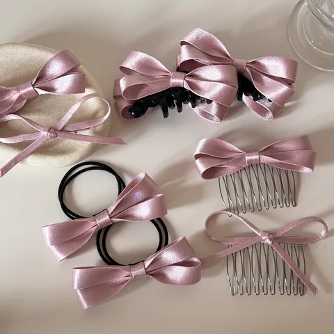 Pinza para el Cabello con Lazo de Satén Rosa Dulce Estilo Coreano Hecho a Mano de Acero Inoxidable para Mujer