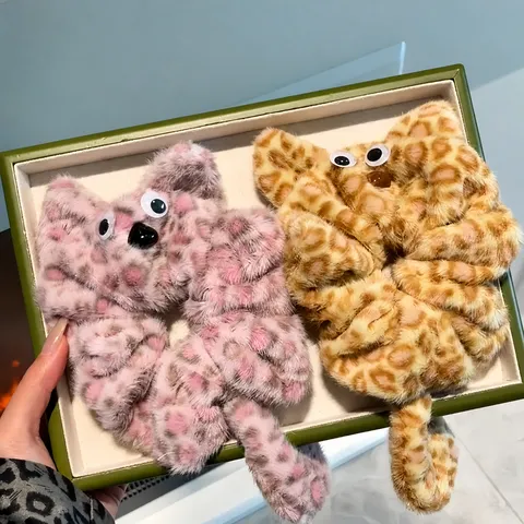 Cute Cartoon Cat Plush Scrunchies For Women Leopard Print Sweet Animal Ear Hair Bands Autumn Winter Fuzzy Hair Accessories Gift