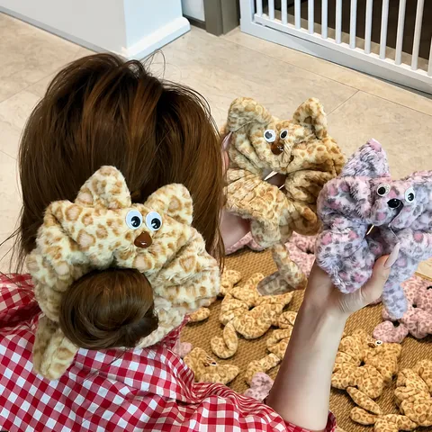 Cute Cartoon Cat Plush Scrunchies For Women Leopard Print Sweet Animal Ear Hair Bands Autumn Winter Fuzzy Hair Accessories Gift