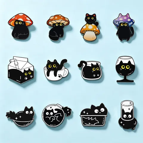 Cute Cartoon Black Cat Alloy Brooch Funny Quirky Enamel Badge Cup Cat Mushroom Kitten Lapel Pin For Backpack Clothes Decor