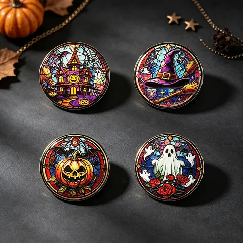 Halloween Stained Glass Style Round Brooch Alloy Pin Pumpkin Witch Hat Haunted House Ghost Rose Gothic Party Pins Jewelry