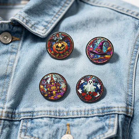 Halloween Stained Glass Style Round Brooch Alloy Pin Pumpkin Witch Hat Haunted House Ghost Rose Gothic Party Pins Jewelry