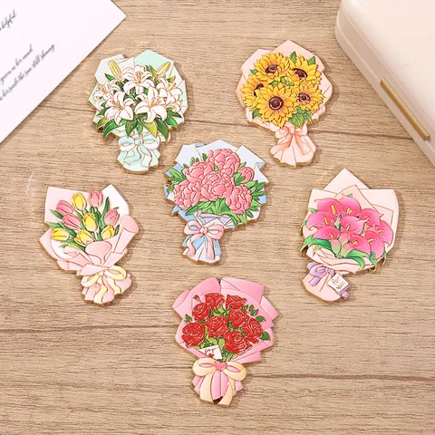 Zinc Alloy Flower Bouquet Refrigerator Magnets Creative Enamel Floral Fridge Magnet Tulip Sunflower Rose Peony Lily Home Decor Gift