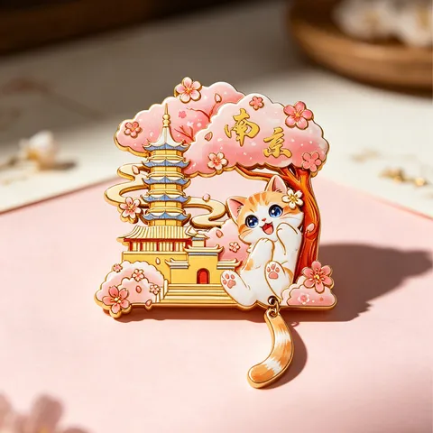 Aimant de Réfrigérateur Créatif Culturel en Alliage de Zinc Souvenir de Voyage Chinois Mignon Chat Fleur de Cerisier Pagode Décor Magnétique