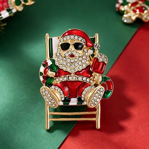 Broche de Papá Noel con Gafas de Sol en Silla de Playa de Navidad Pin de Aleación con Diamantes de Imitación Accesorios de Fiesta