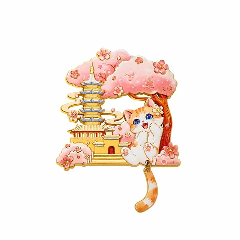 Aimant de Réfrigérateur Créatif Culturel en Alliage de Zinc Souvenir de Voyage Chinois Mignon Chat Fleur de Cerisier Pagode Décor Magnétique