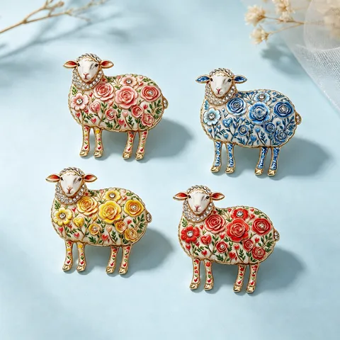 Broche Vintage de Esmalte de Oveja y Flores Aleación con Strass Lindo Animal para Mujeres Regalo de Pascua Ropa